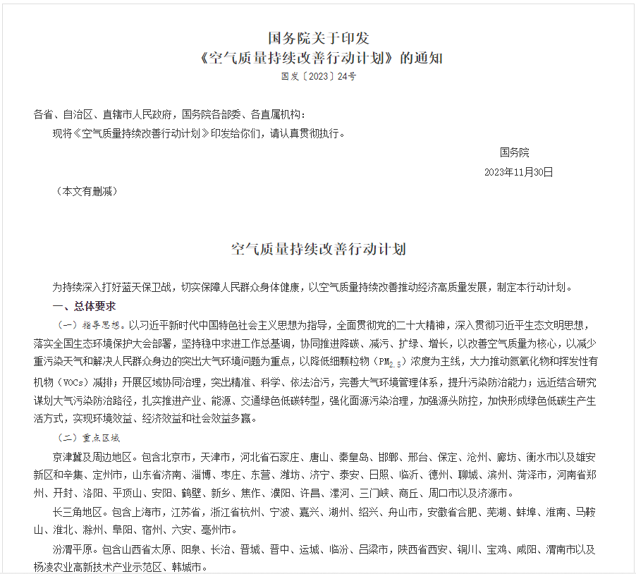 全文！國務院印發(fā)《空氣質量持續(xù)改善行動計劃》